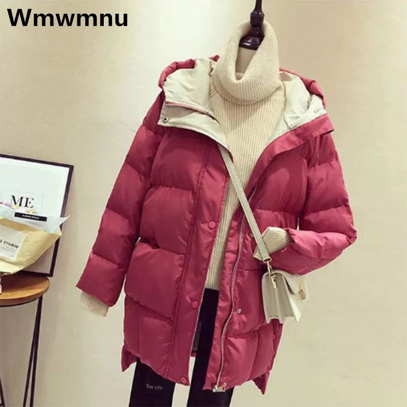 

Winter Women Spliced Colour Parkas Retro Warm Thicken Cotton Pesdded Coats Hooded Med Length Jackets Casual Loose New Overcoats