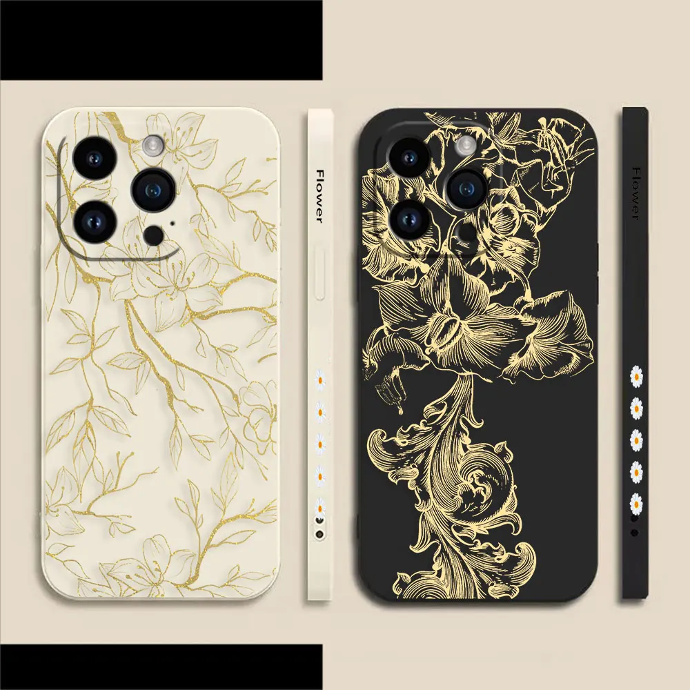 

Golden Luxury Line Flower Phone Case For Apple iPhone 14 13 12 11 Pro XS Max Mini X XR SE 7 8 6 6S Plus Colour Liquid Case Funda