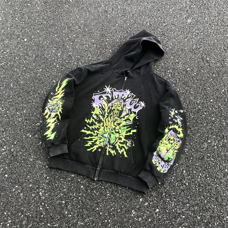 

2023fw плюшевая Толстовка HELLSTAR для мужчин и женщин, большой вес, стиль граффити, пуловер на молнии