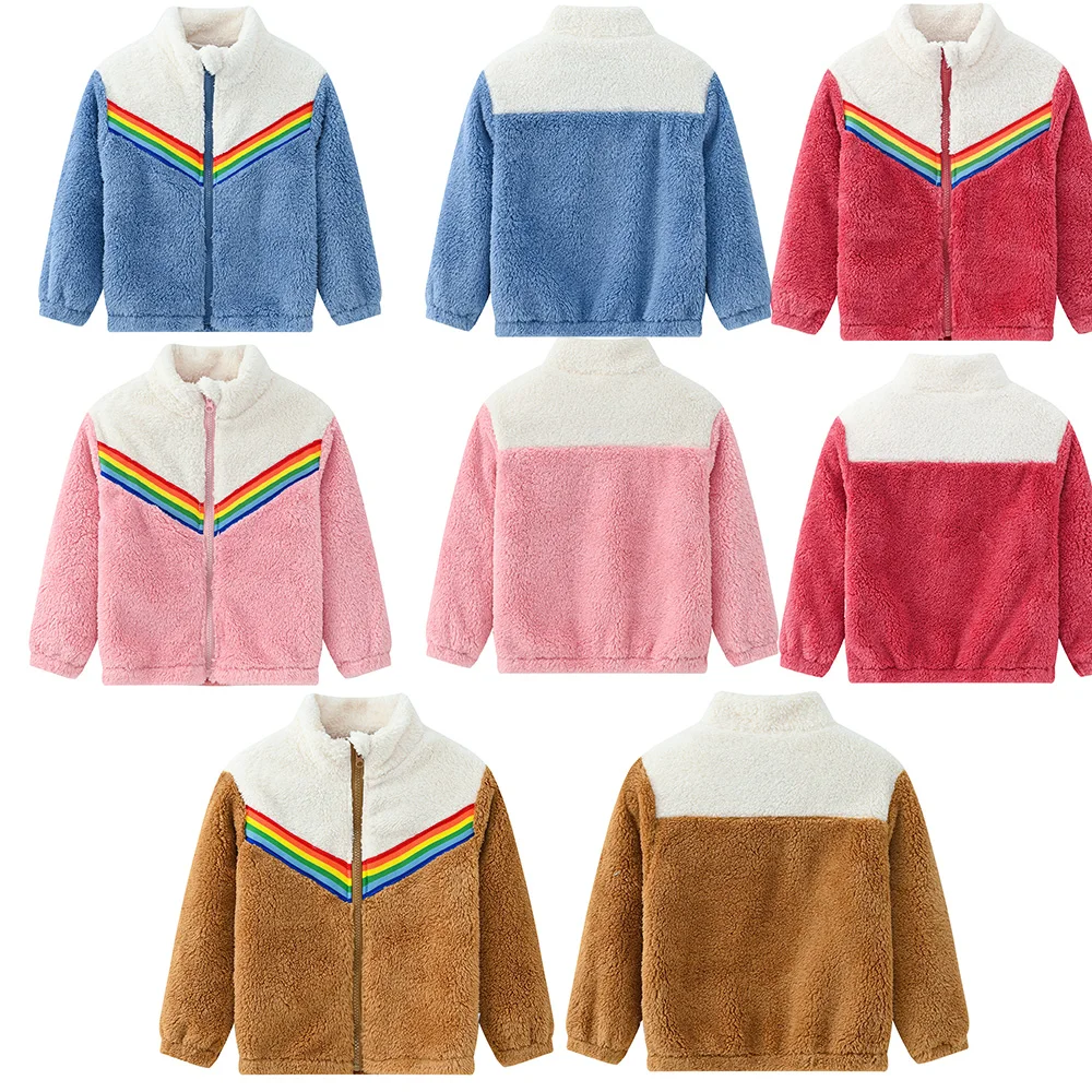 

Winter Boys and Girls' Sweater Jacket Children's Stand Up Collar Casual Rainbow Patchwork Fleece Zipper Jacket Long Sleeve Warm