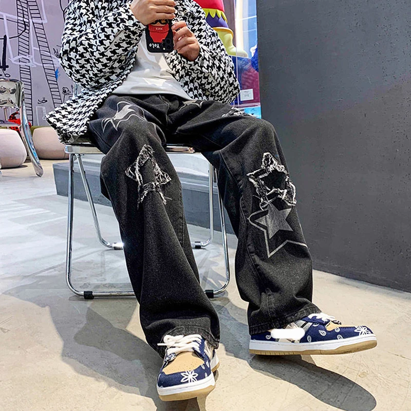Vintage Women's Men's Korean Denim Pants Y2K Cltohes Streetwear Printed Patchwork Male Baggy Jeans Straight Trousers for Men