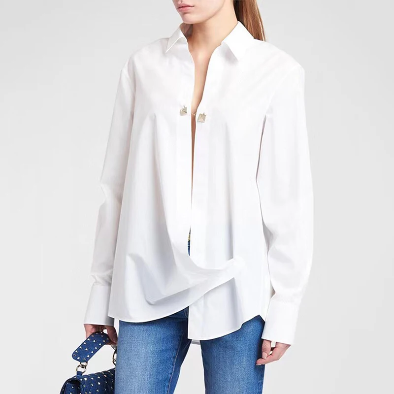 

2023 fall new French style metal chain hollow placket white cotton blouse fashion sexy versatile women's y2k irregular shirt