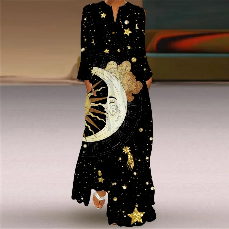 

Spring Autumn Black Dress Women Beach Casual Holiday Long Sleeve Moon Stars Print Maxi Dresses Woman Elegant Loose Dress