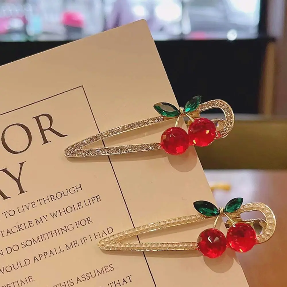 

New Rhinestone Pearls Cherry Green Leaf Hairpin For Women Female Temperament Hair Clips Cute Barrettes Girls Hair Accessories