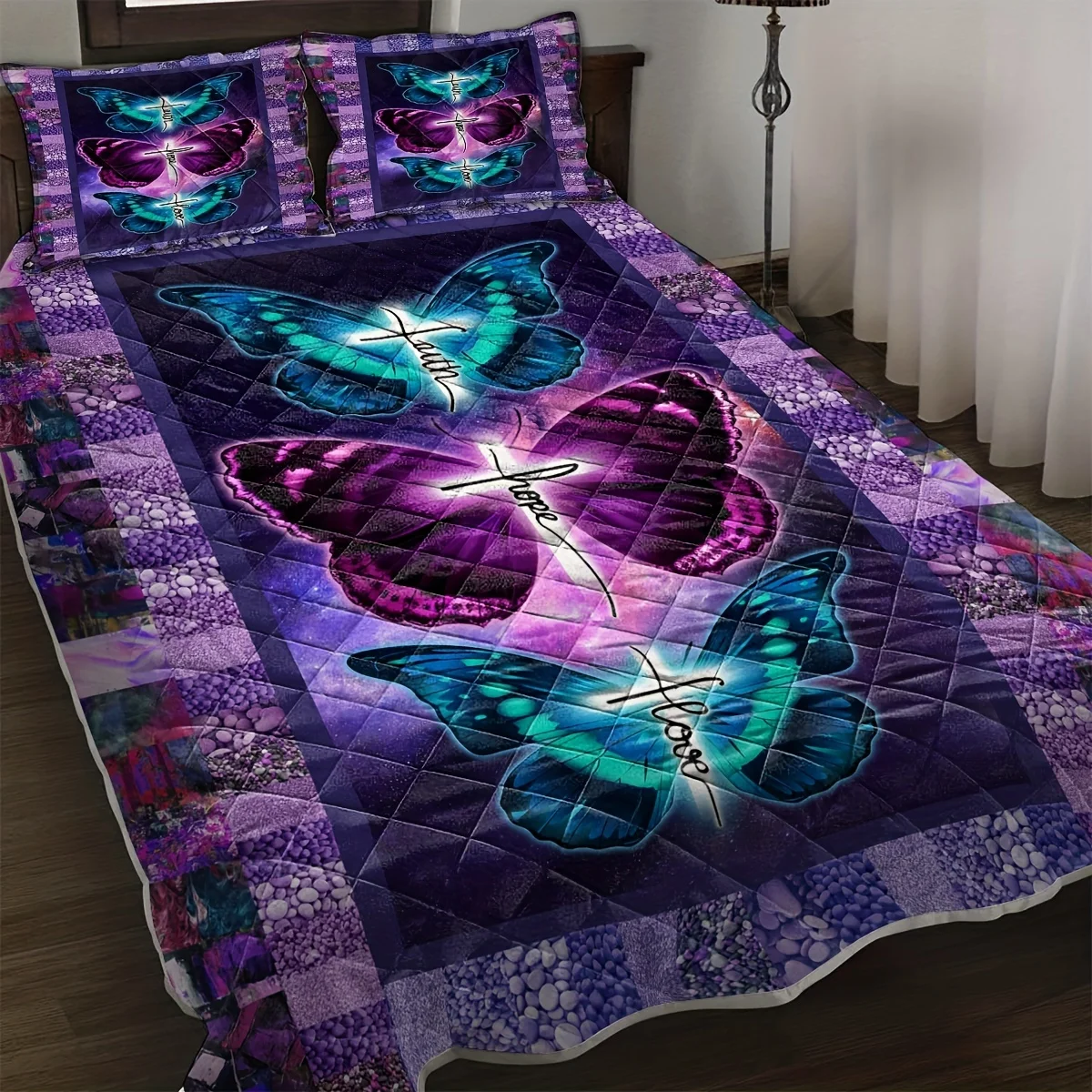

3pcs Quilt Butterfly Pattern Wrinkled Double-layer Ruffled Bedding Set, Soft Comfortable Warm Quilt, For Bedroom, Guest