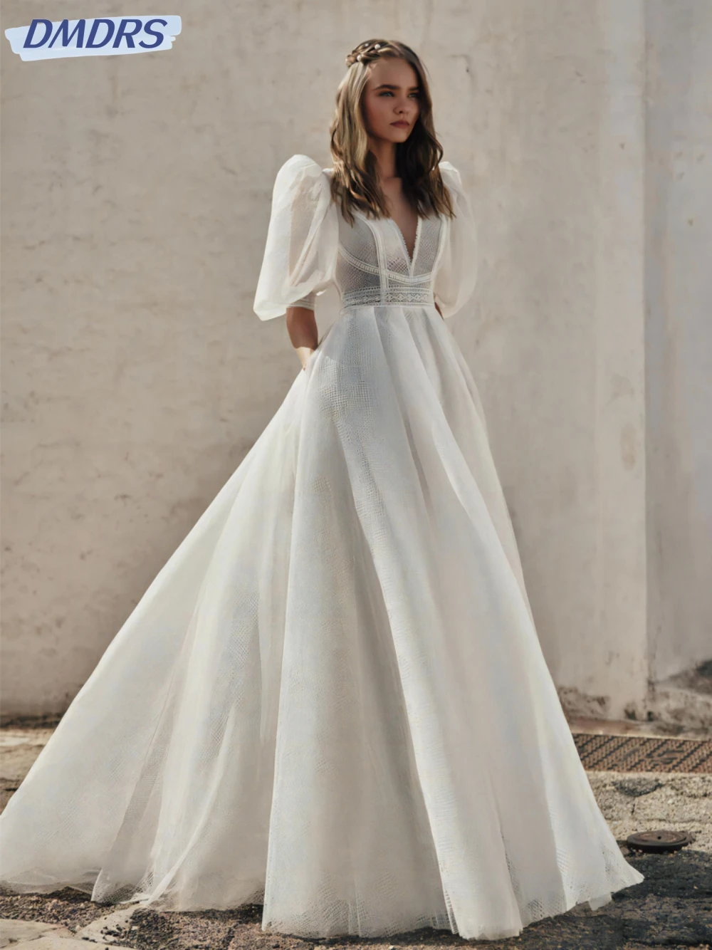 

Sexy Deep V-neck Backless Bride Robe Classic Puff Sleeve Bridal Gown Graceful Lace A-line Long Wedding Dress Robe De Mariée