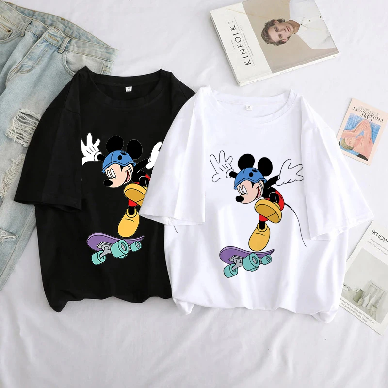 

Disney Mickey Minnie Cartoon T Shirt Women O-neck Casual Black Female Short Sleeve Tees Summer White Cute Girl Clothes Y2k Tops