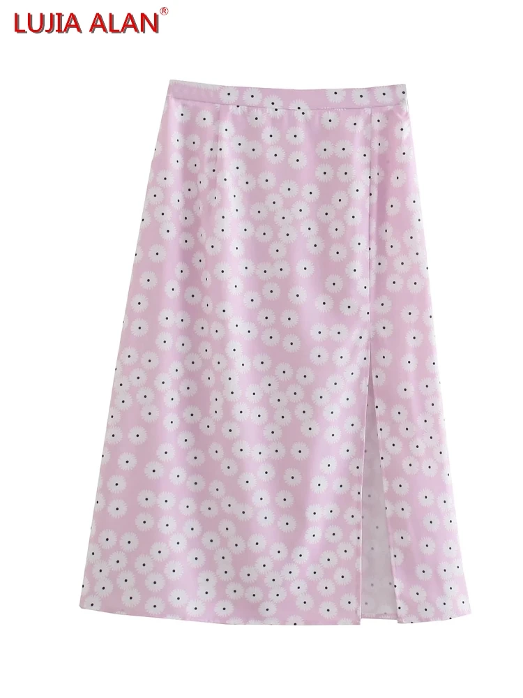 

Женские прямые юбки миди с цветочным принтом и Боковым Разрезом, повседневная женская Свободная одежда с высокой талией, LUJIA ALAN P2723