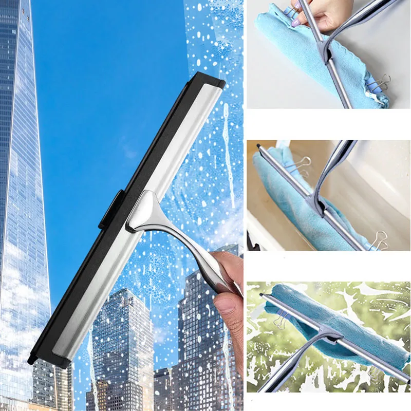 

Shower Squeegee Stainless Steel Window Wiper with Adhesive Hook Scraper for Glass Door Clean Bathroom Kitchen Car Glass Cleaning