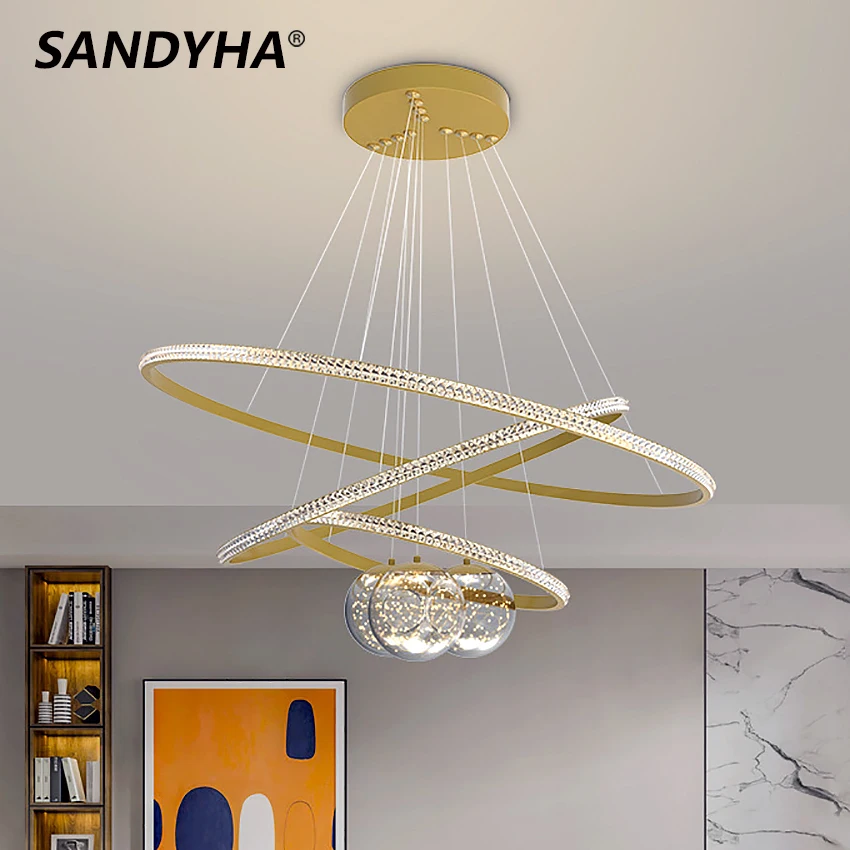 

SANDYHA 2022 New Nordic Chandelier Circular Ring Round 40/60/80 Black Golden Luxury Living Room Dining Room Bedroom Hanging Lamp