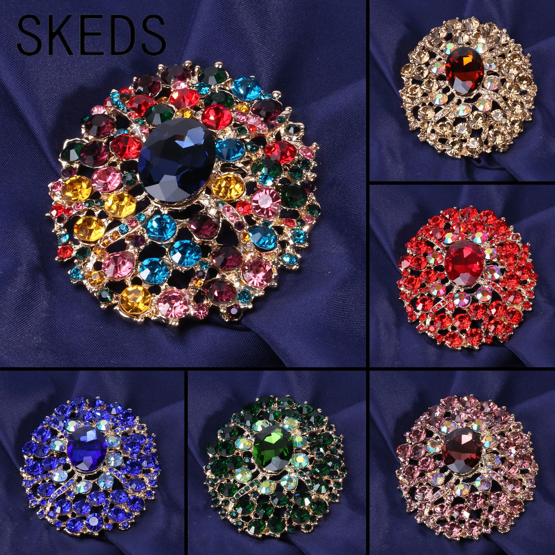 

SKEDS Exquisite Luxury Big Rhinestone Round Brooches Pins For Women Vintage Classic Decoration Exaggerated Boutique Badges Gift