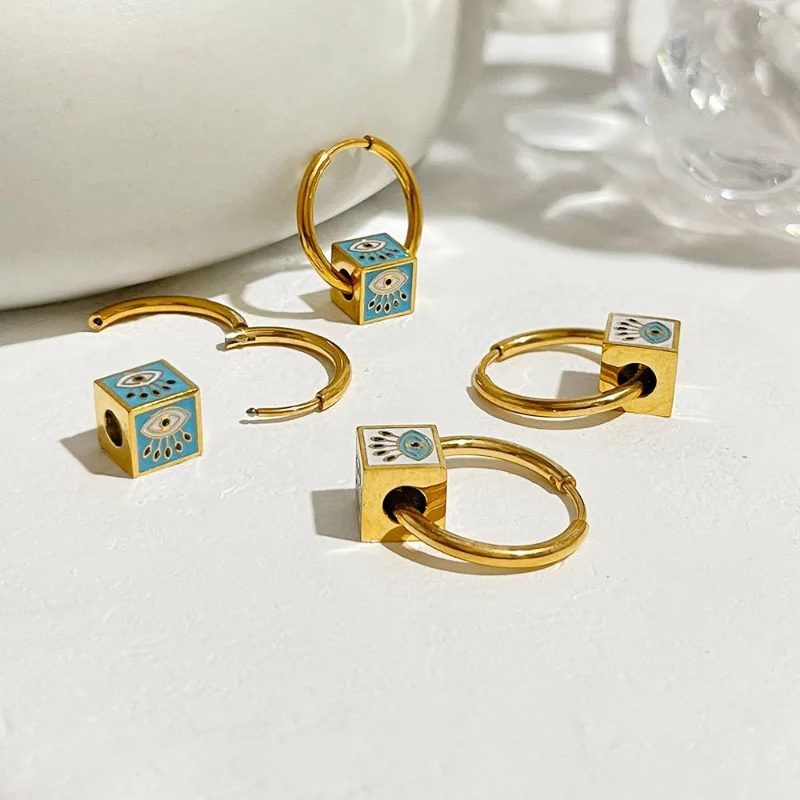 

ALLNEWME Retro Colorful Enamel Evil Eyes Cube Beads Hoop Earrings for Women 18K Gold Stainless Steel Huggie Earring Non Tarnish