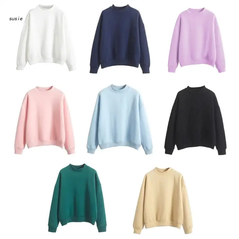 

X7YA Женская толстовка с воротником-хомутом, повседневный свободный простой однотонный пуловер, Топ