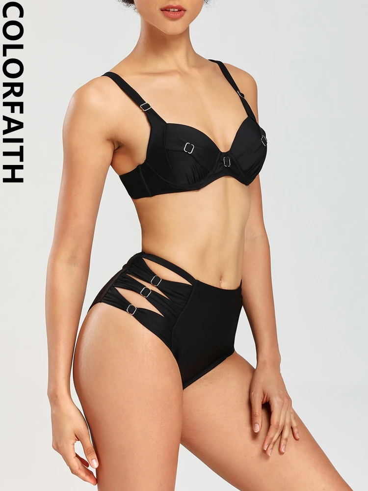 

Colorfaith New 2022 Sexy Bikini Separate Beachwear Underwire Bra Padding Summer Suits Women's 2 Pieces Set Swimsuits SM9085AB