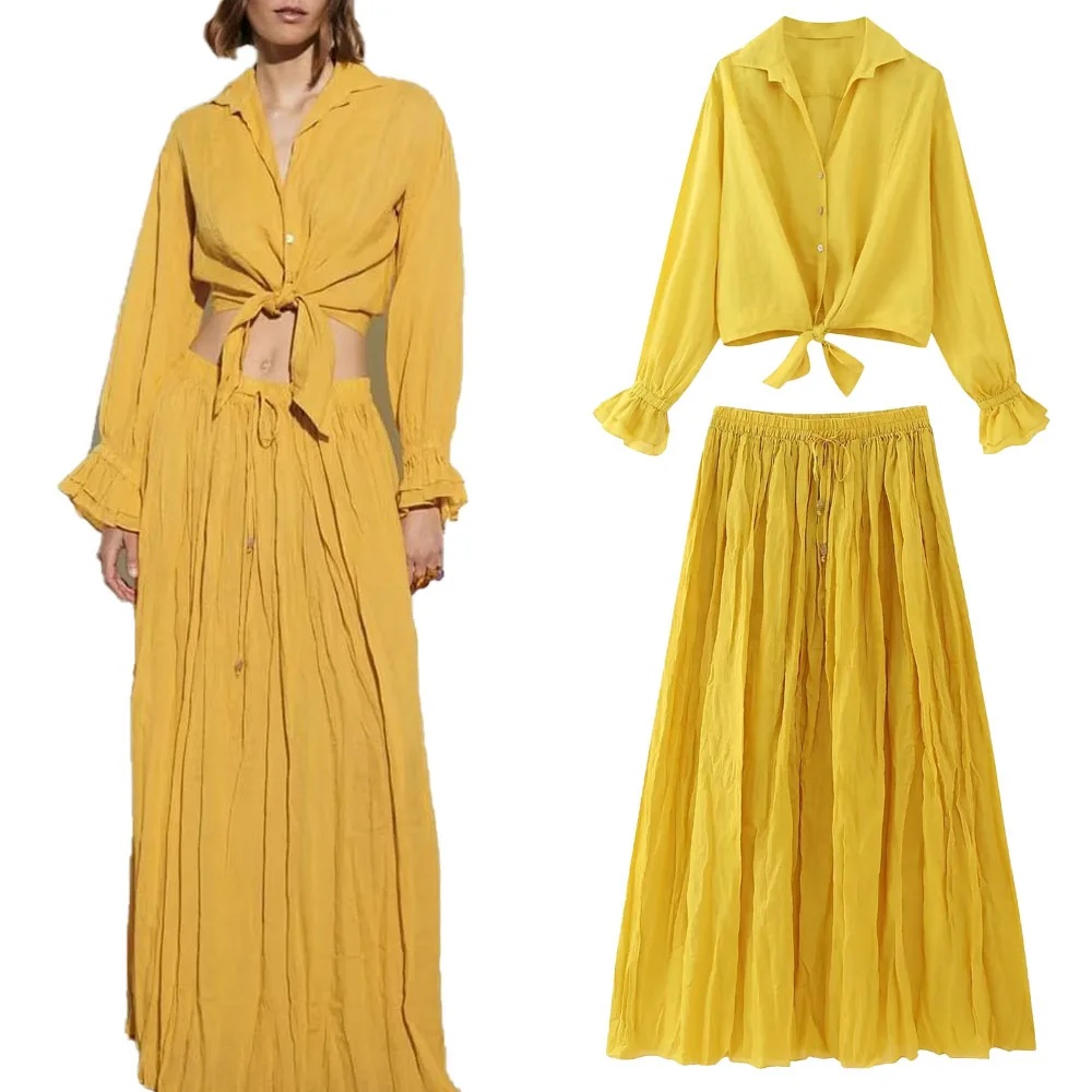 

New Fashion Casual Ladies Temperament Comfortable Linen Long Skirt Knotted Details Linen Shirt Set