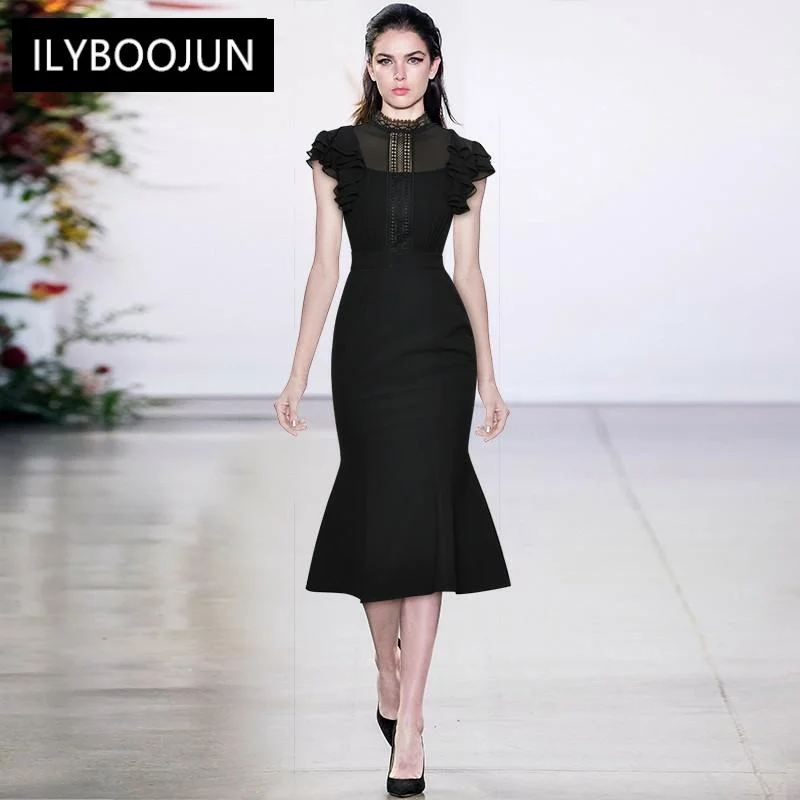 

Fashion Designer Summer Black Drees Women's Stand-up Collar Butterfly Sleeve Hollow Out Slim Mermaid Party Dress