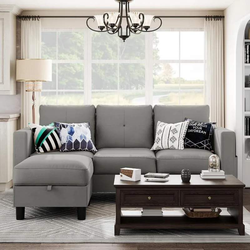 Современный L-образный диван из льняной ткани секционный трехместный с функцией