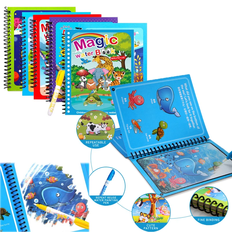 

Игрушки Монтессори, Детская разноцветная книга для рисования в воде, многоразовая книга для рисования волшебной водой, Игрушки для раннего развития сенсорных элементов