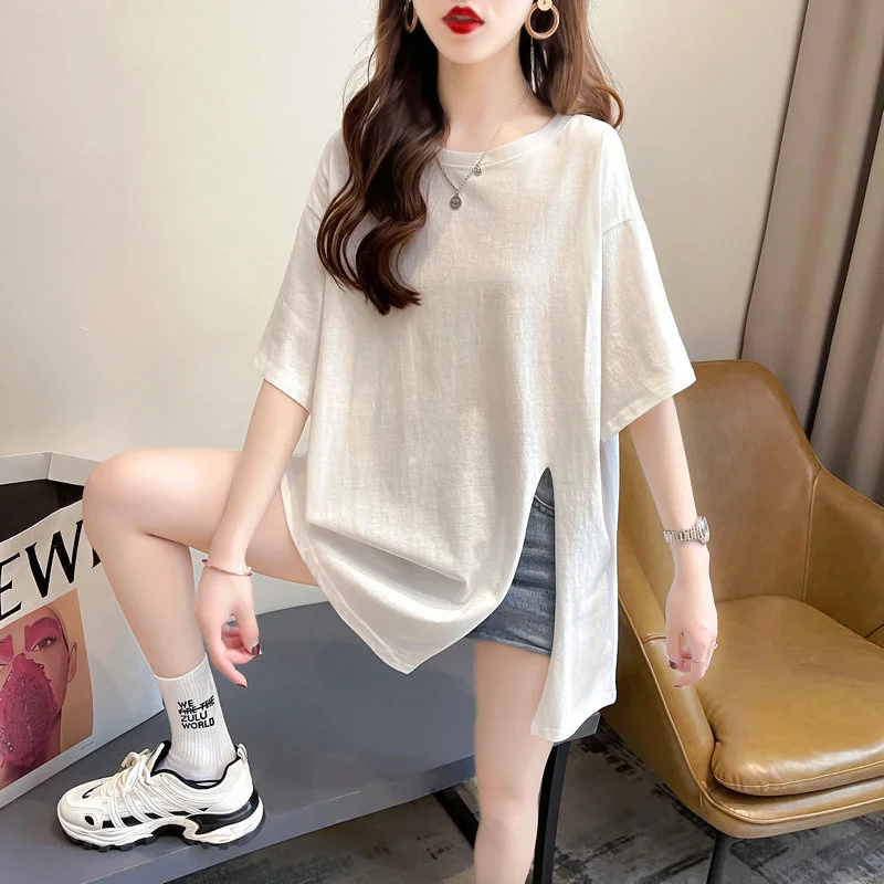 

DAYIFUN Summer Loose Long T-shirt Women O-neck Short Sleeve T Shirt Women Split Cotton Asymmetrical Tshirts Hip Hop Solid Color