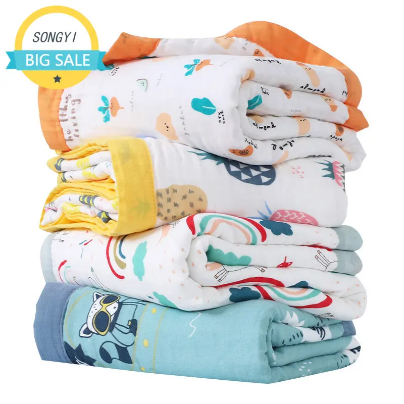 100% Cotton Baby Blankets Cartoon Pattern 6-layer Cotton Gauze Infant Toddler Newborn Swaddle Blanket Shower Wipes 110x110cm