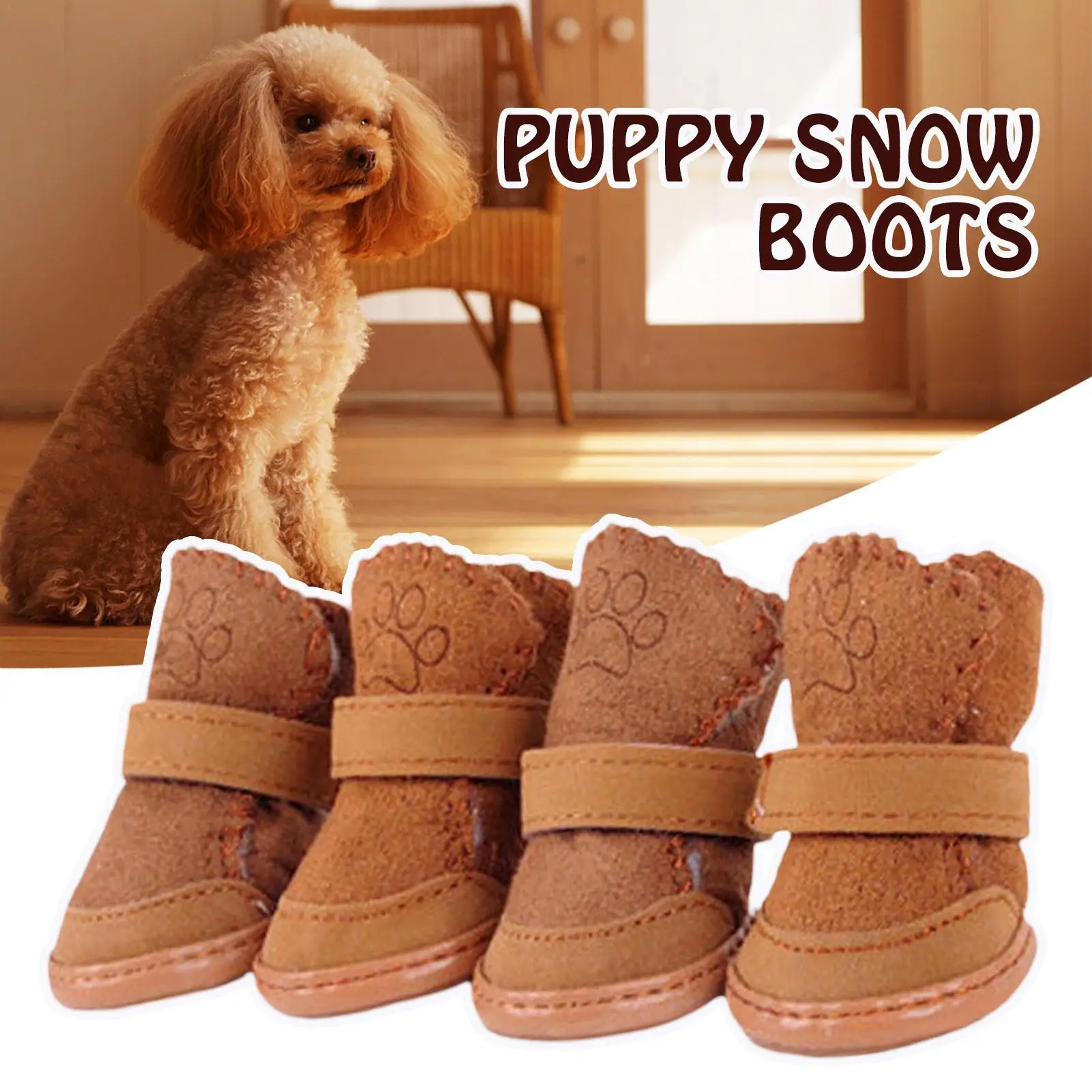 

Puppy Snow Booties Winter Boots Dog Paw Protector Brown Non-Slip Dog Boots For Medium Small Pets Fleece Lining Paw Guard