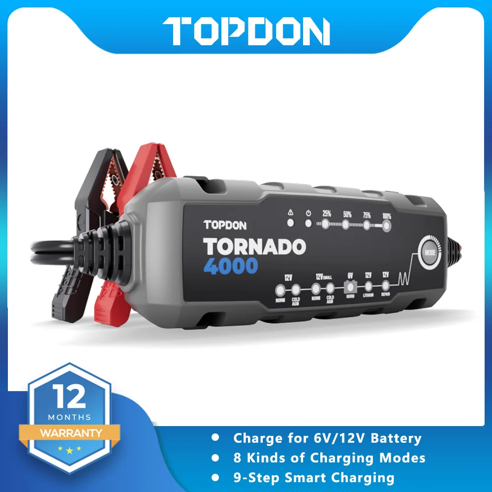 Topdon T4000 Automatic Battery Charger 6/12V Car/Moto/ATV/SUV Battery Chargers Power Puls Repair Chargers For 20Ah-150Ah Battery