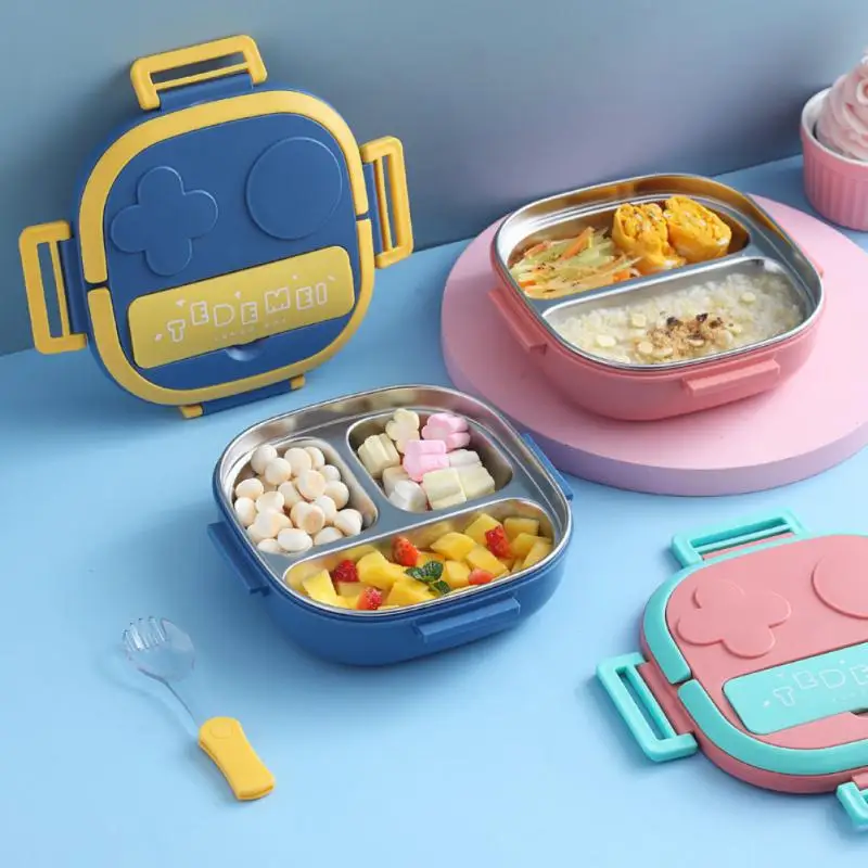 

304 Stainless Steel Children Dinner Plate Water-filled Insulation Compartment Lunch Box Baby Bento Box With Spoon Outing Lunch