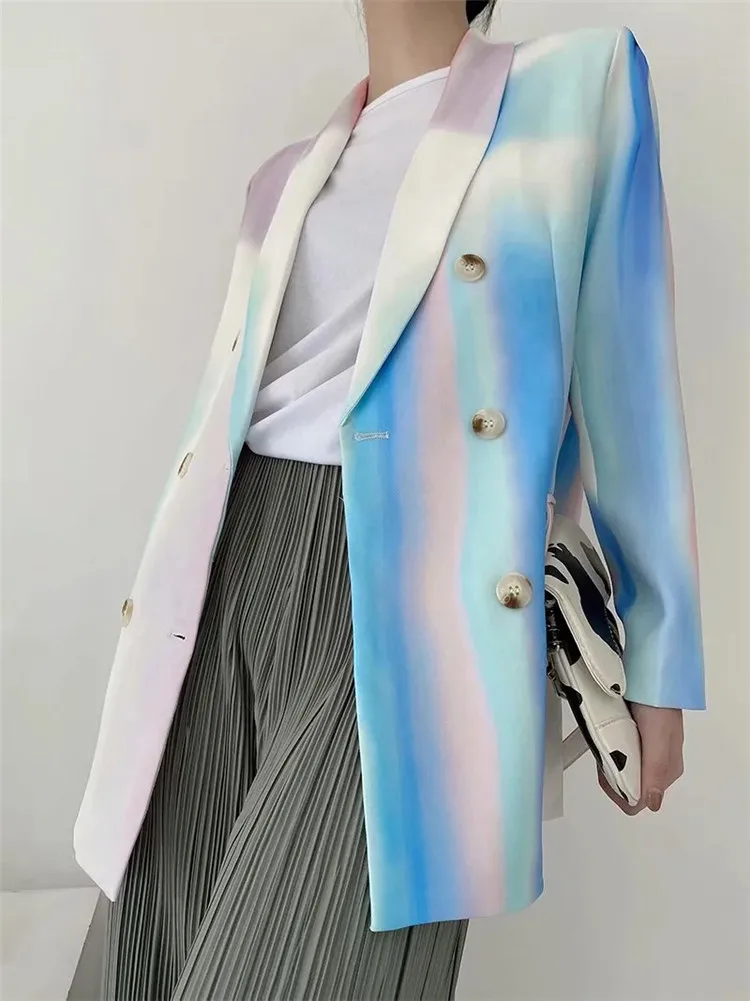 za Women 2023 Fashion Double Breasted Tie-dye Print Blazer Coat Vintage Long Sleeve Pockets Female Outerwear Chic Tops jacket