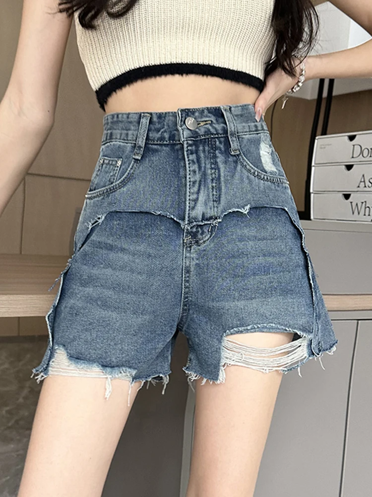 

FTLZZ New Summer Vintage Hole Denim Shorts Women Fashion High Waist Wide Leg Shorts Lady Casual Buttons Pockets Jean Shorts