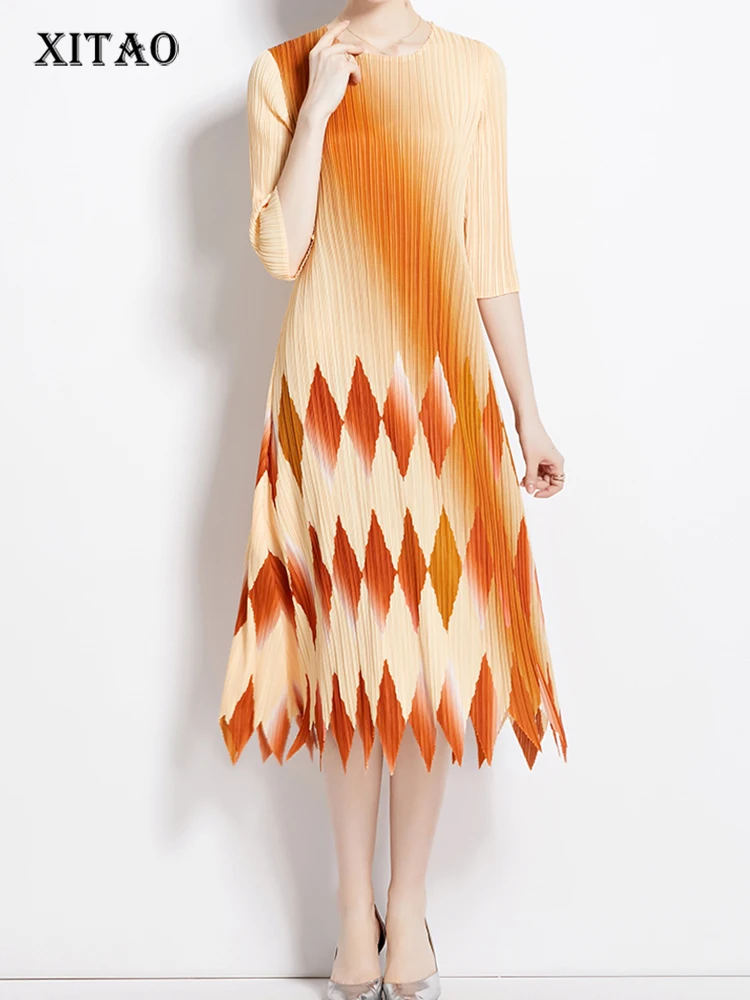 

XITAO Elegant Temperament O-neck Dress Gradient Fashion Casual Asymmetrical Appear Thin 2023 Autumn Women New Dress HQQ1286