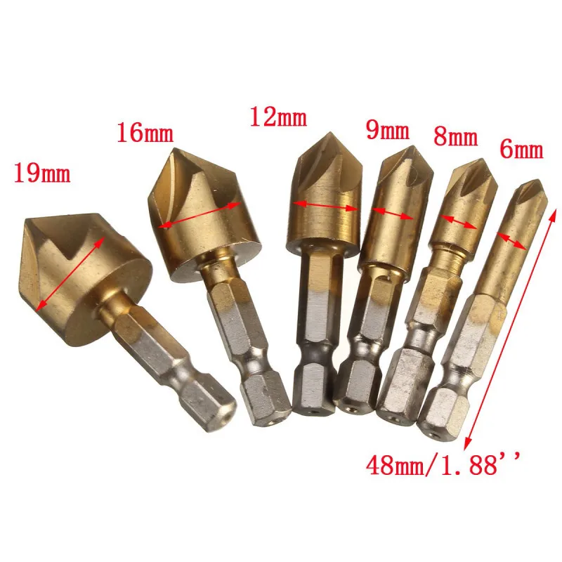 

6PC hexagonal shank titanium plated five blade chamfering cutter 3PC reaming chamfering tool woodworking spot facer drill set