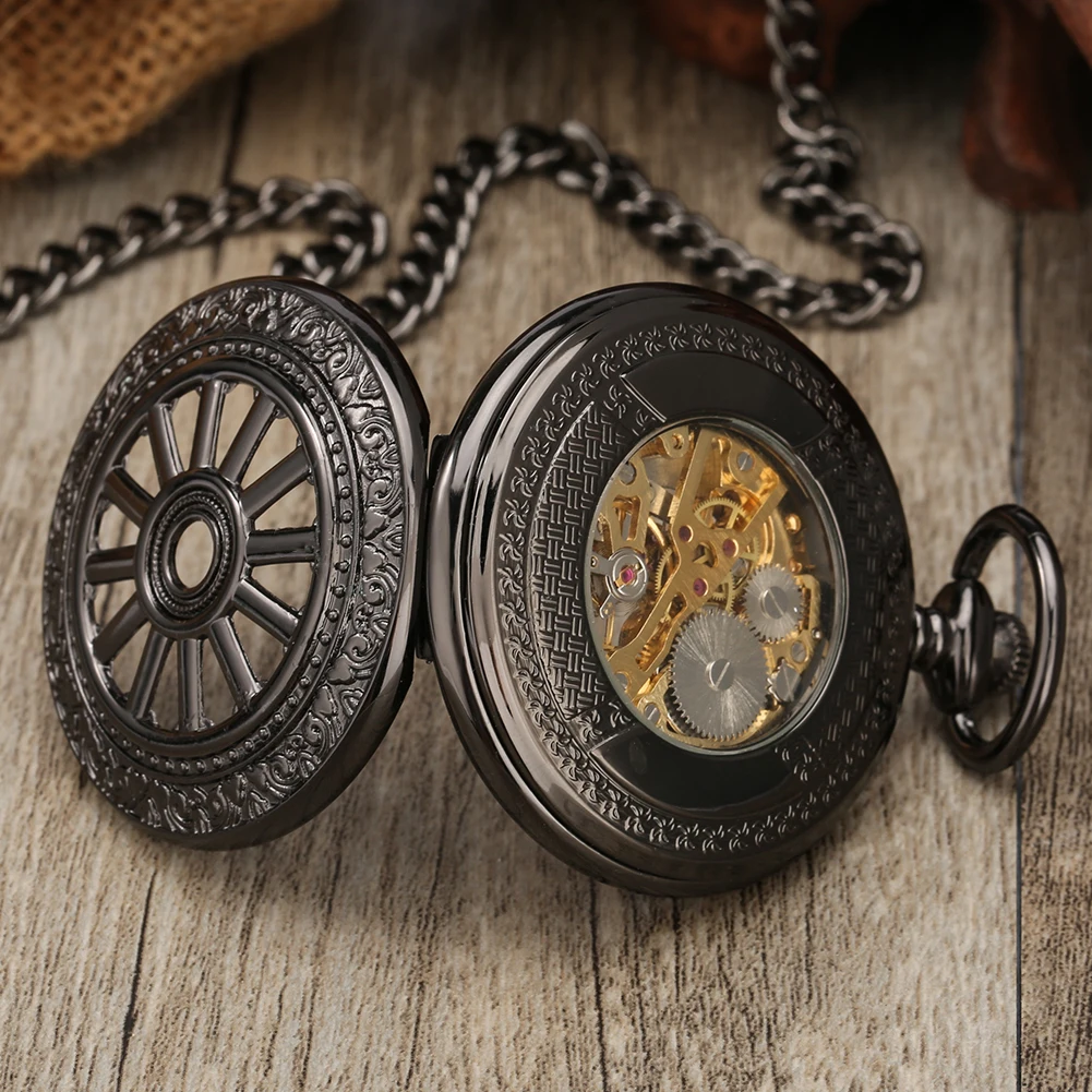 Vintage Black Hub Skeleton Mechanical Hand Winding Pocket Watch Fob Chain Rose Gold Roman Numerals Display Retro Manual Clock