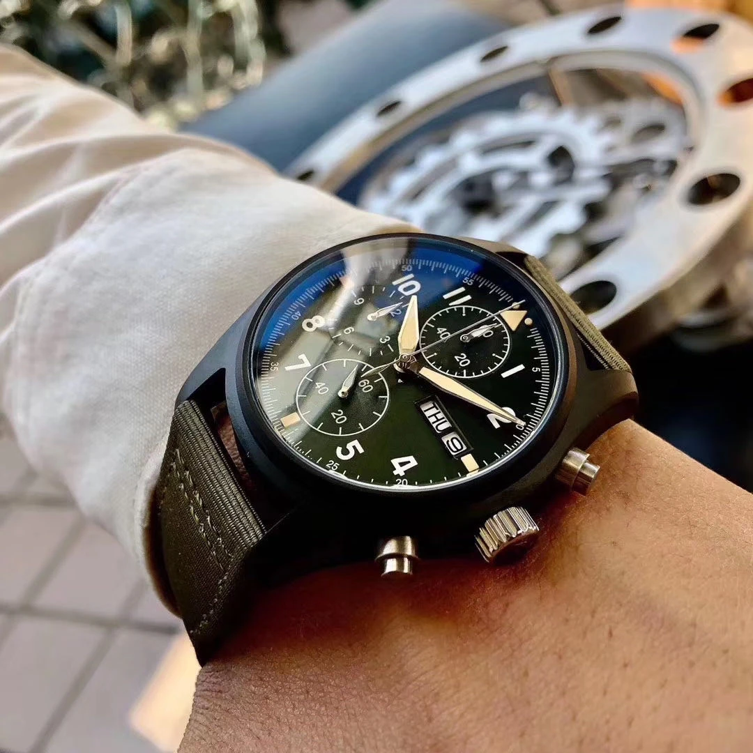 

mens quartz chronograph watch stopwatch green canvas nylon strap silver black dial stainless steel male wristwatches