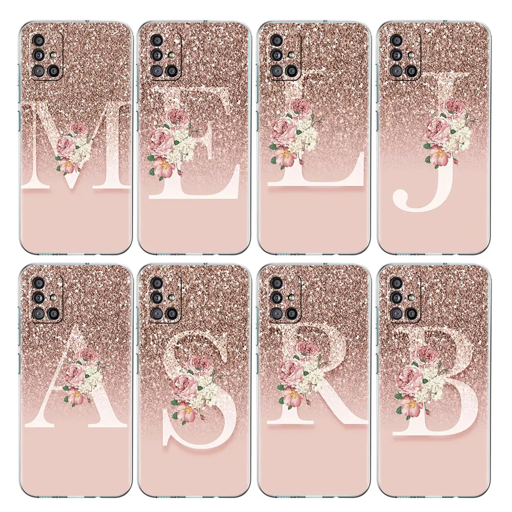 

Letter Pink Shiny M R Clear Case For Samsung Galaxy A52 A12 A51 A32 A21s A71 A32 A22 50 A70 A31 A72 5G Phone Cover