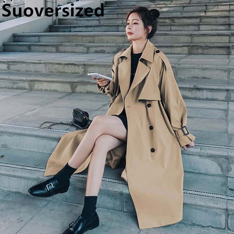 

Khaki Classic Long Trench Coats For Women Elegant Korean Overcoats Loose Fashion Gabardina Casual Double-breasted Windbreaker