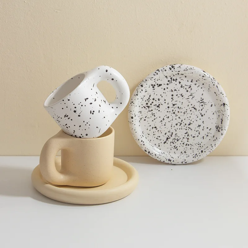 

Nordic Cream Splash-ink Fat Handel Mugs With Round Plate Handmade Ceramic Tea Milk Water Cups Home Kitchen Tableware Decor Gifts