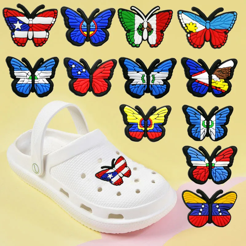 

1pcs Butterfly Flag PVC Shoe Charms for Croc Original Sneakers Accessories Decorations RUS UK US MX Kids Gift Wholesale