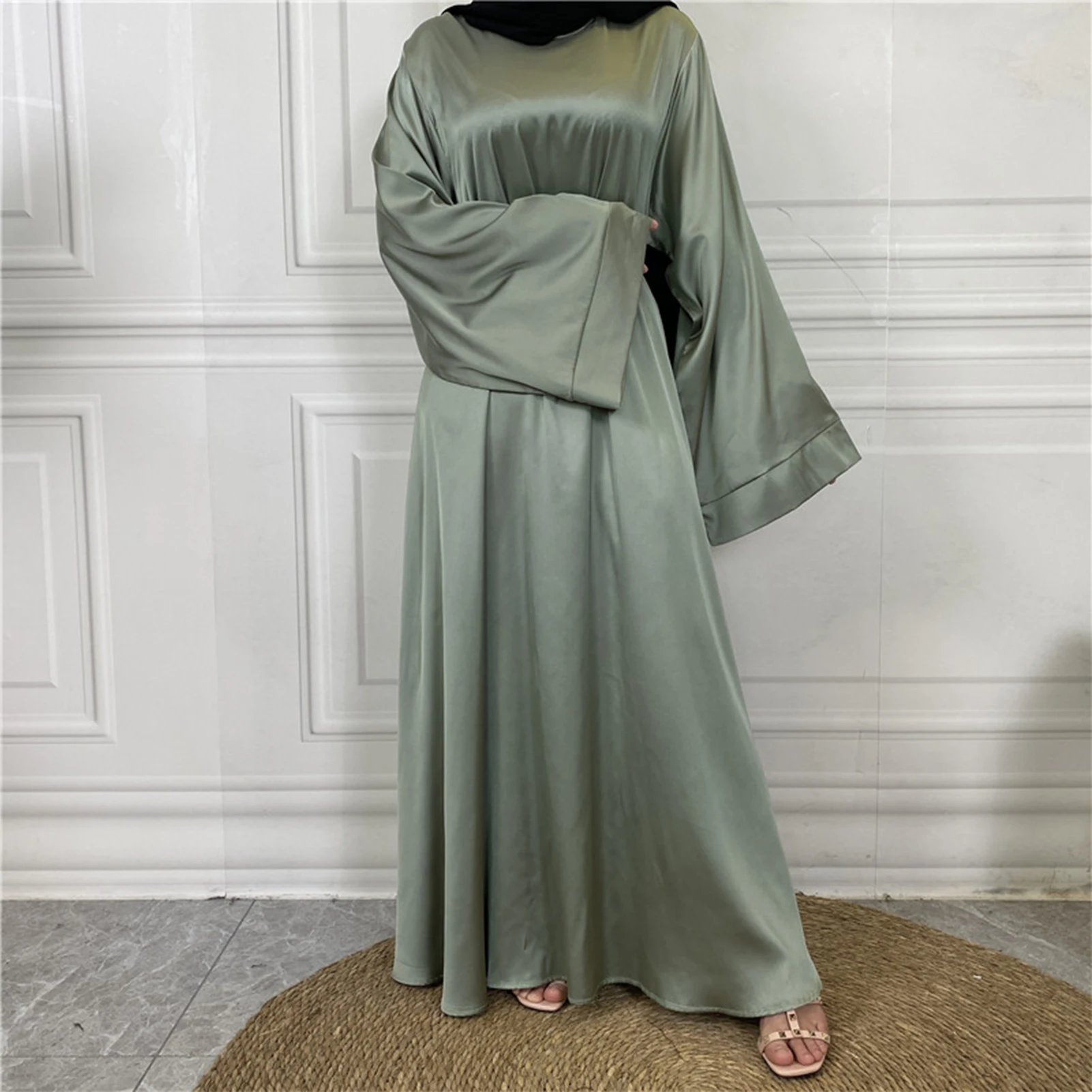 Women's Solid Satin Muslim Dress Casual Long Sleeve O-Neck Abaya for Female Fashion Loose Lace up African Dress Vestidos 2023