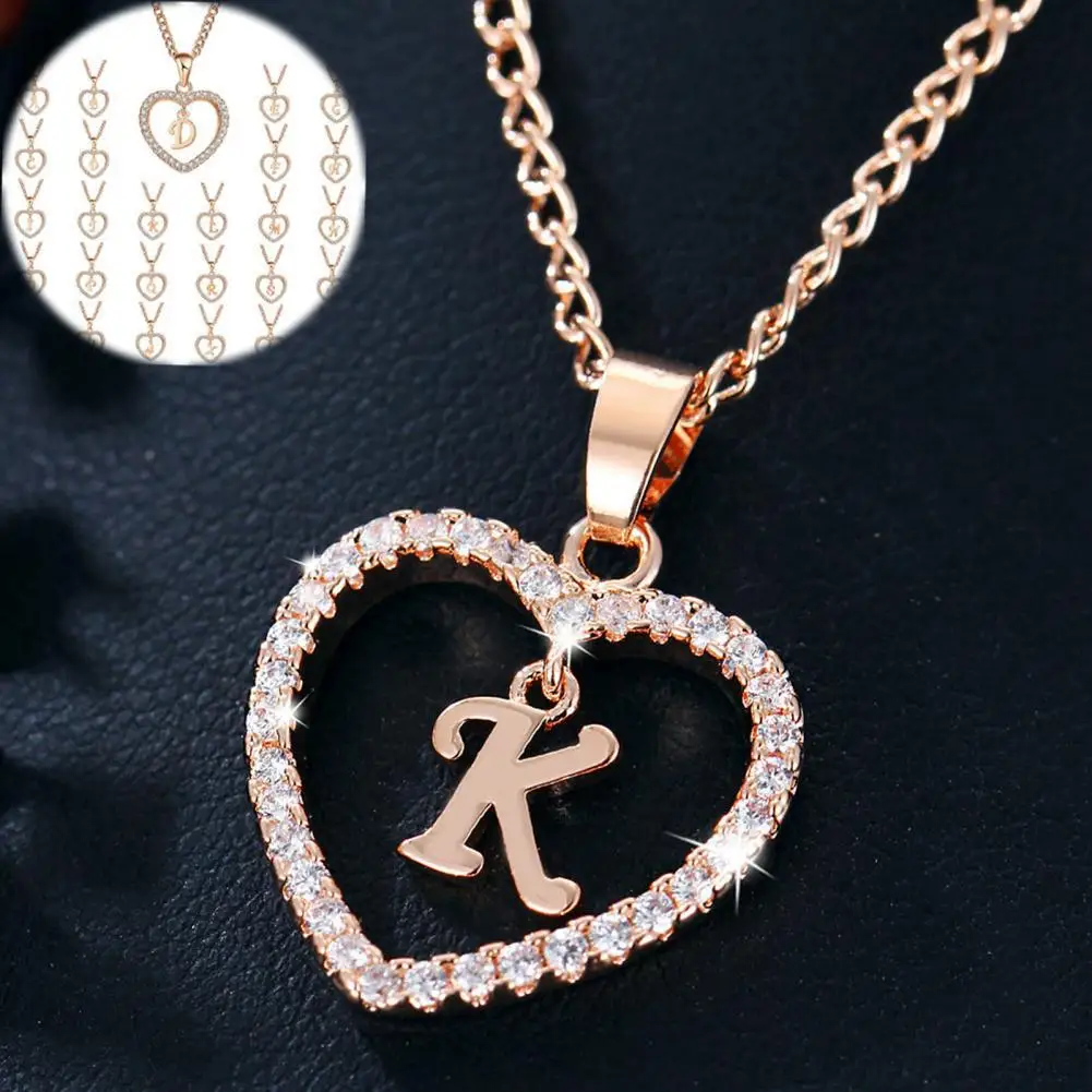 

Shining Rhinestone Women Necklace Alloy 26 Letters Heart Pendant Necklace Jewelry Accessories
