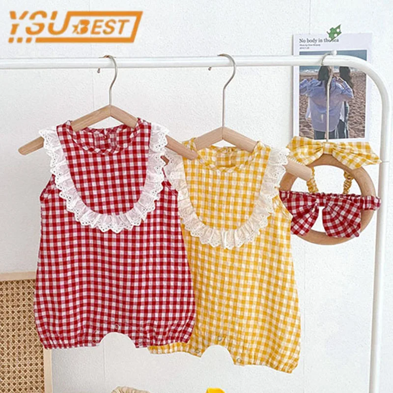 

Новинка 2022, Стильный Модный комбинезон для маленьких девочек, клетчатый комбинезон без рукавов, летний кружевной комбинезон для девочек + л...