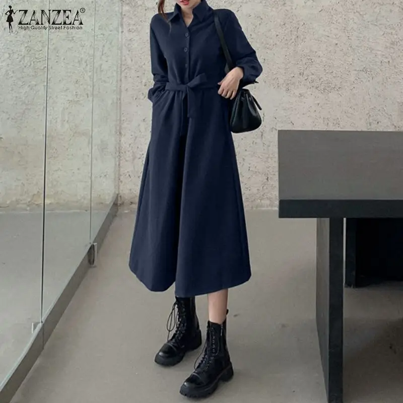 

Fashion Lady Lapel Midi Vestidos ZANZEA Women Shirt Dress Spring Autumn Solid Robe Femme Casual Elegant A Line Dresses Oversized