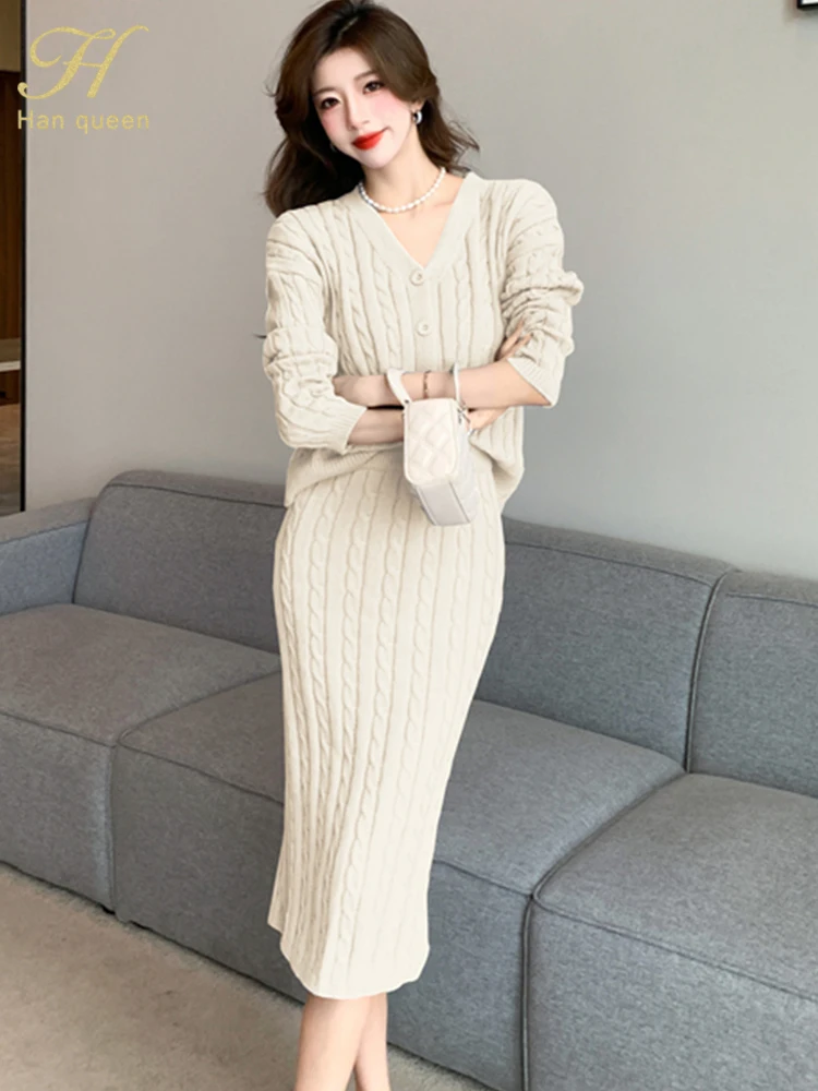 

H Han Queen 2023 Autumn Chic Knitting 2-Piece Set V-Neck Cardigan Sweater +Fashion Pencil Skirt Casual Work Women Suits Skirts