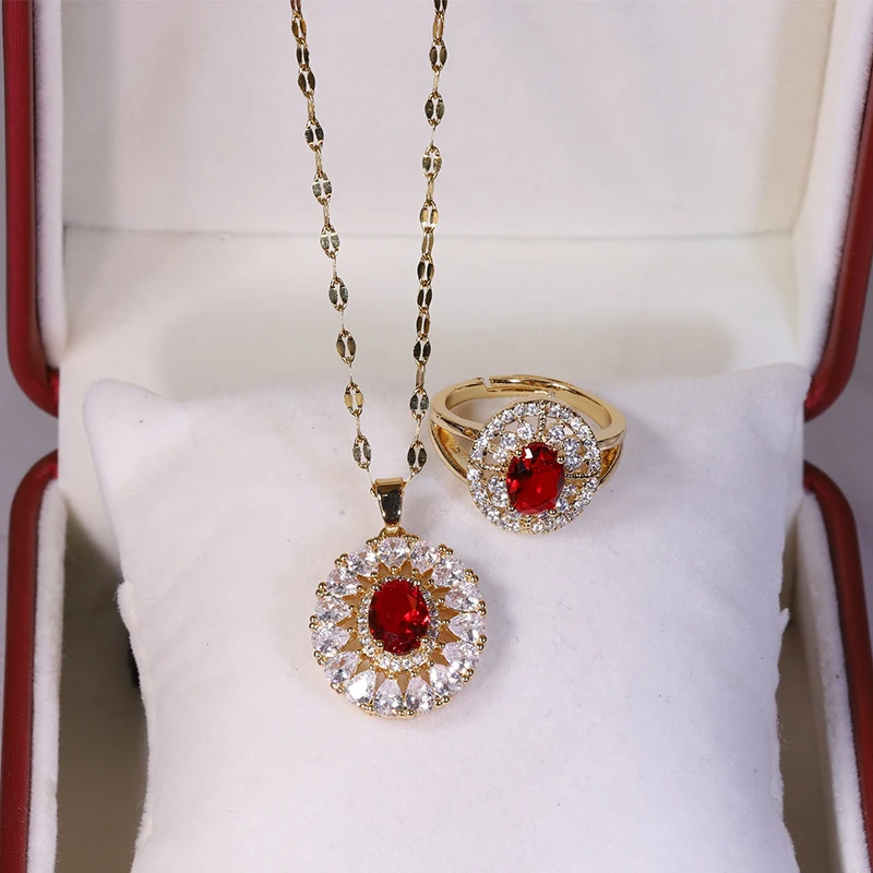 

Hollow Inlaid Ruby Necklaces Rings Jewelry Sets for Women Light Luxury Choker Chain Fashion Vintage Necklace Ring Jewelry