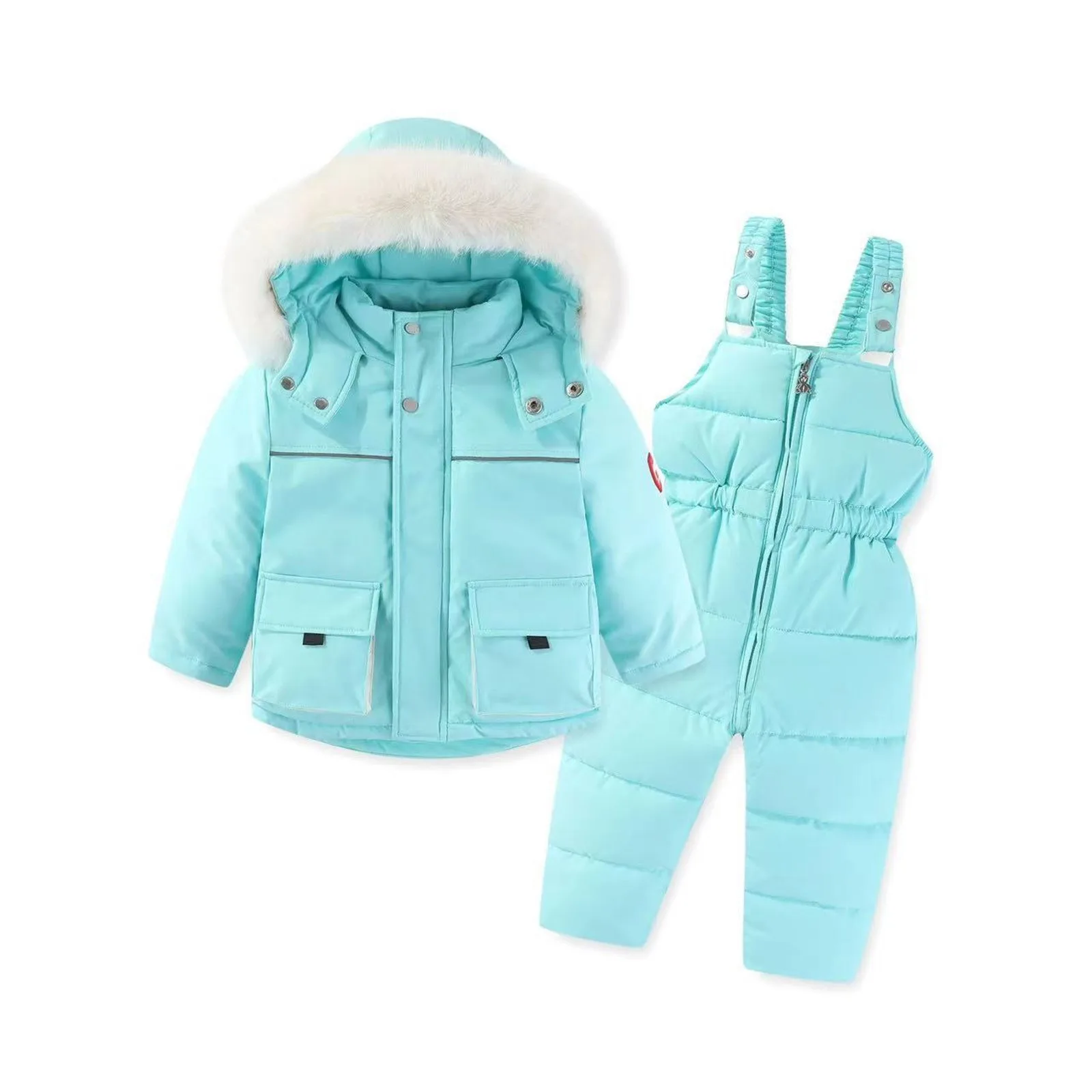

Children's Winter Fur Snowsuit Boys Girls Plus Velvet Thickening Warm Windproof Cotton Coat +Snow Pants 2Pcs Sets Hooded Jackets