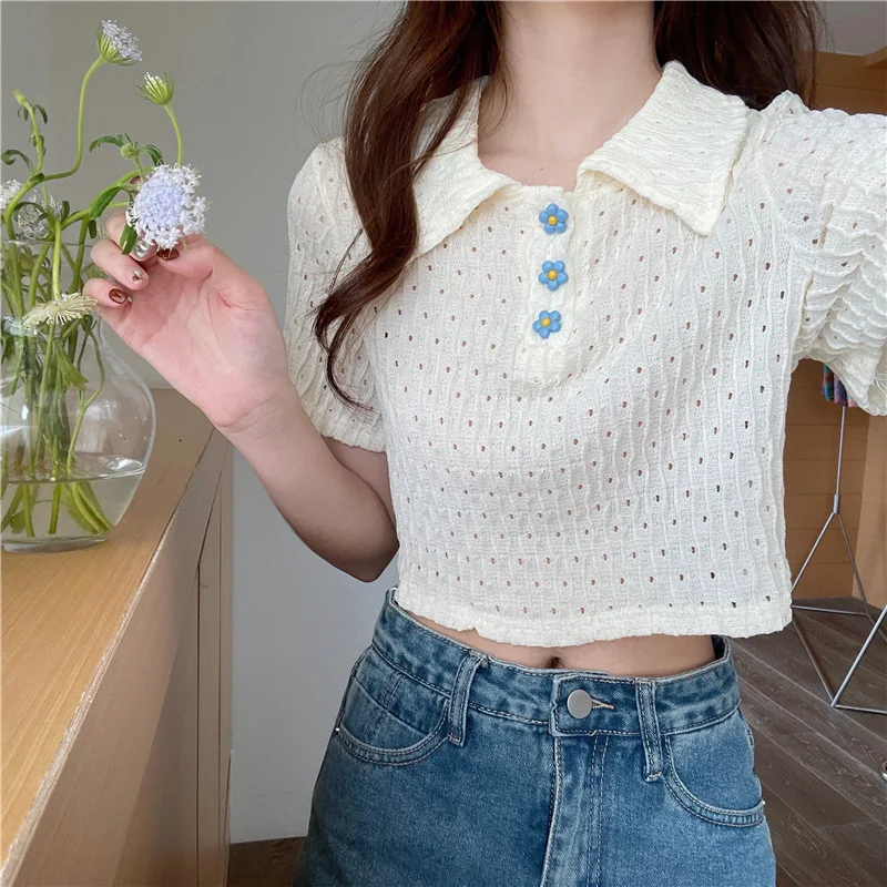 

Knitted Short Sleeve T-Shirt Women POLO Thin Fashion Design Casual Short Sleeve Top 2022 Summer Sweet Ladies Clothes