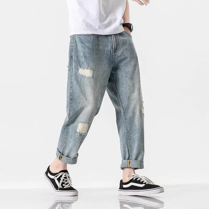 Summer Fashion Brand Men's Ripped Jeans Loose Straight Korean Style Fashion ThininsCropped Pants Men 'S Light Color