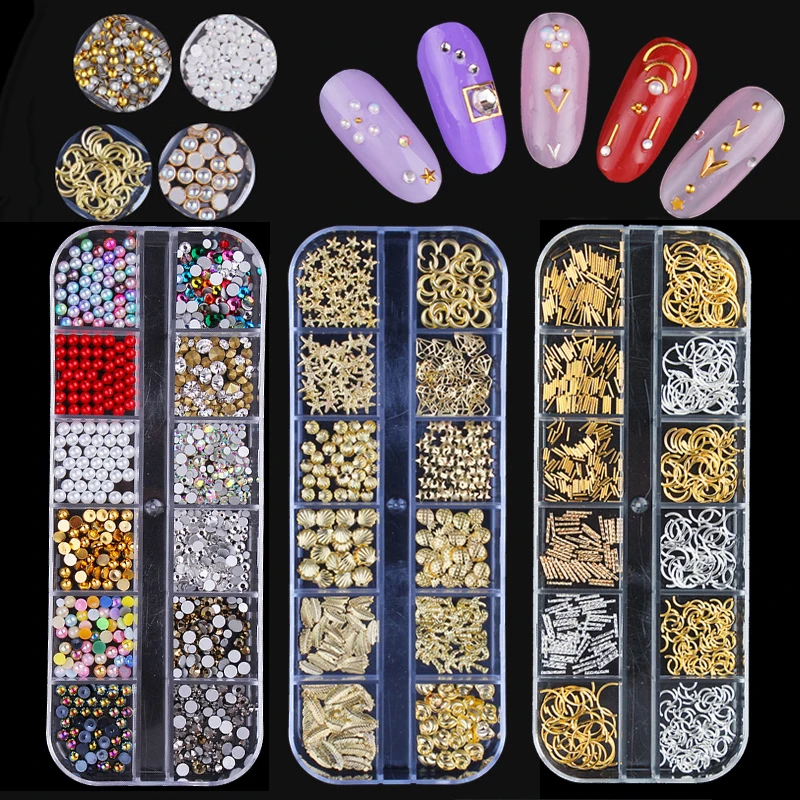 

12 Grid Multi-size Nail Rhinestones 3D Crystal AB Clear Nail Stones Gems Pearl DIY Nail Art Decorations Gold Silver Rivet Rhines