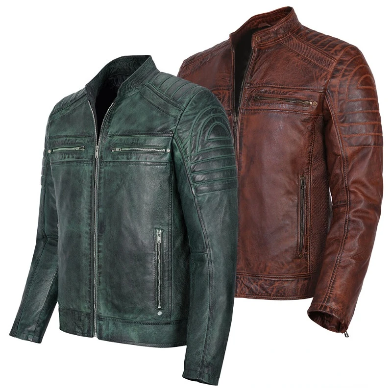 Men's Leather Jacket Retro Cafe Racer Brown Slim Real Bicycle Jacket European and American Fashion Trend