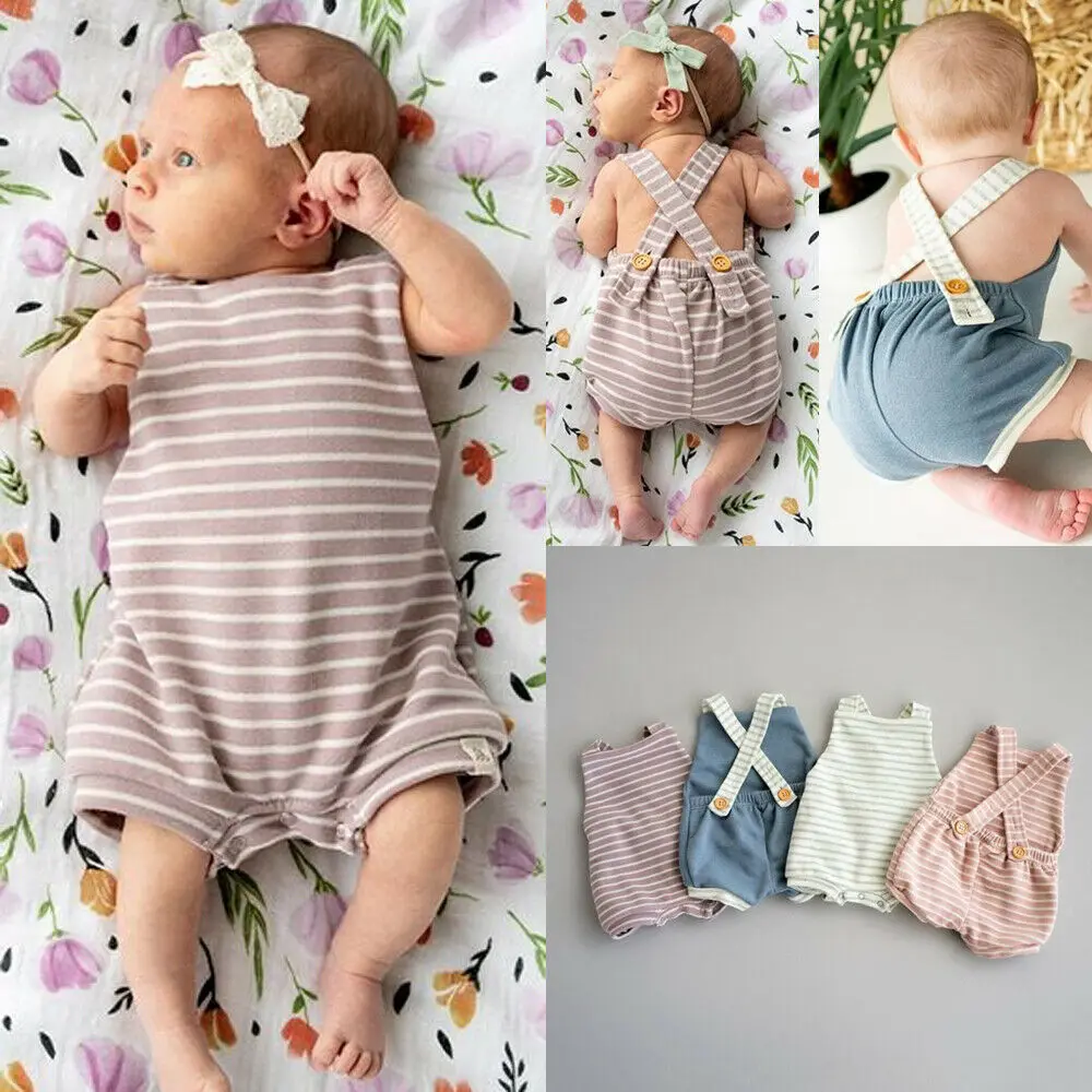 

Baby Girl Boy Striped Overalls Cotton Bib Pants 0-3Y Newborn Infant Toddler Summer Sleeveless Backless Romper Jumpsuits 2022 New