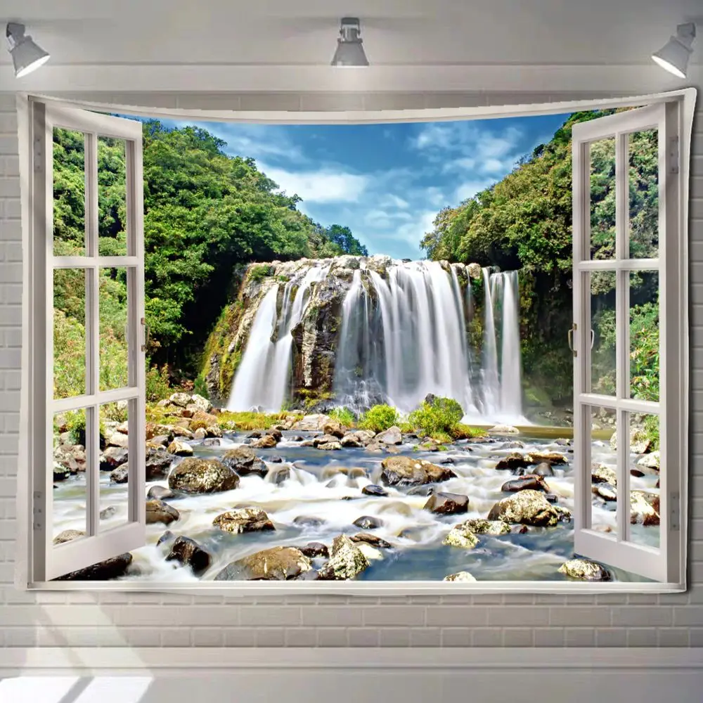 

Riverside Waterfall Imitation Window Forest Landscape Painting Tapestry Wall Hanging Bohemian Psychedelic Mandala Home Decor